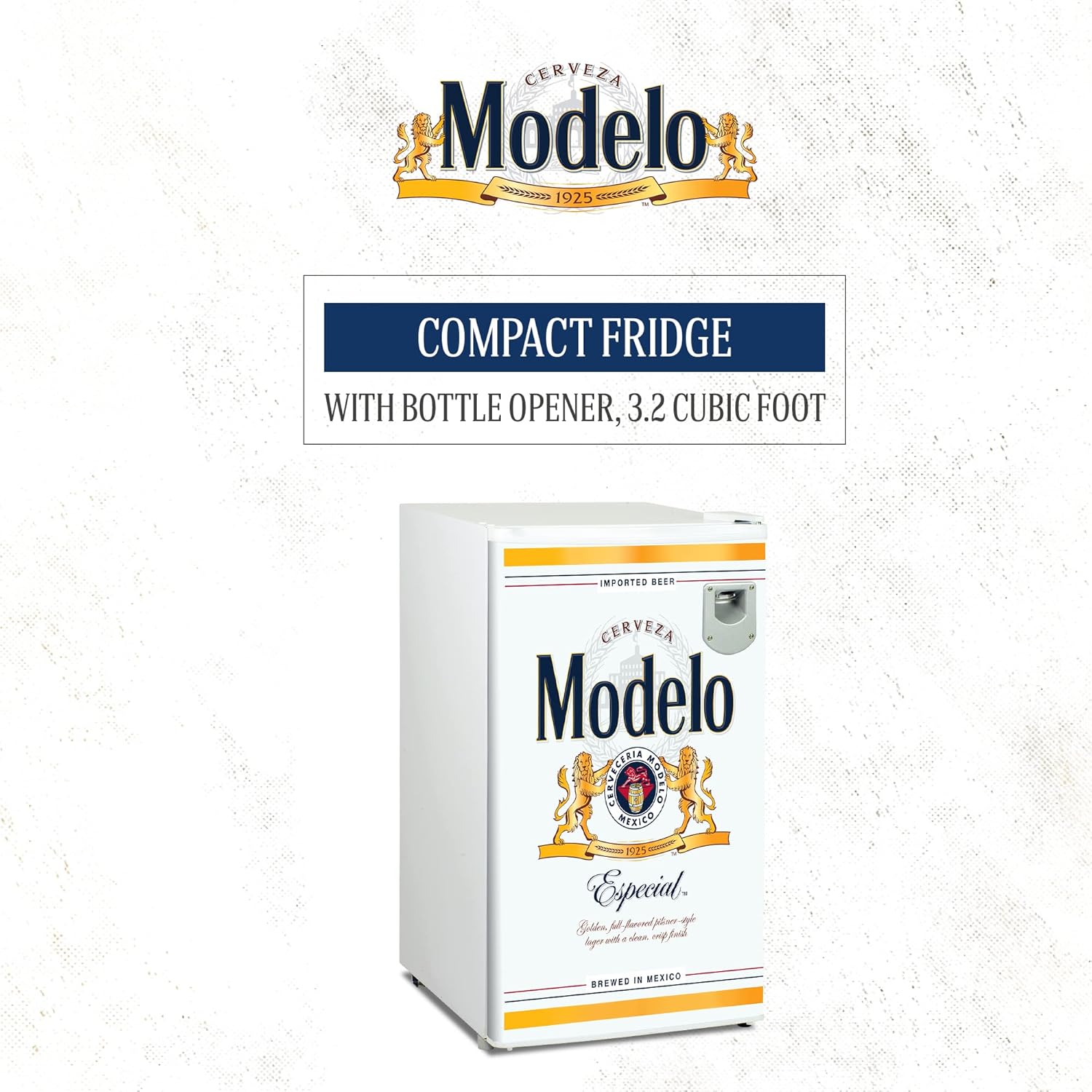 Modelo Mini Fridge — built-in steel bottle opener detail